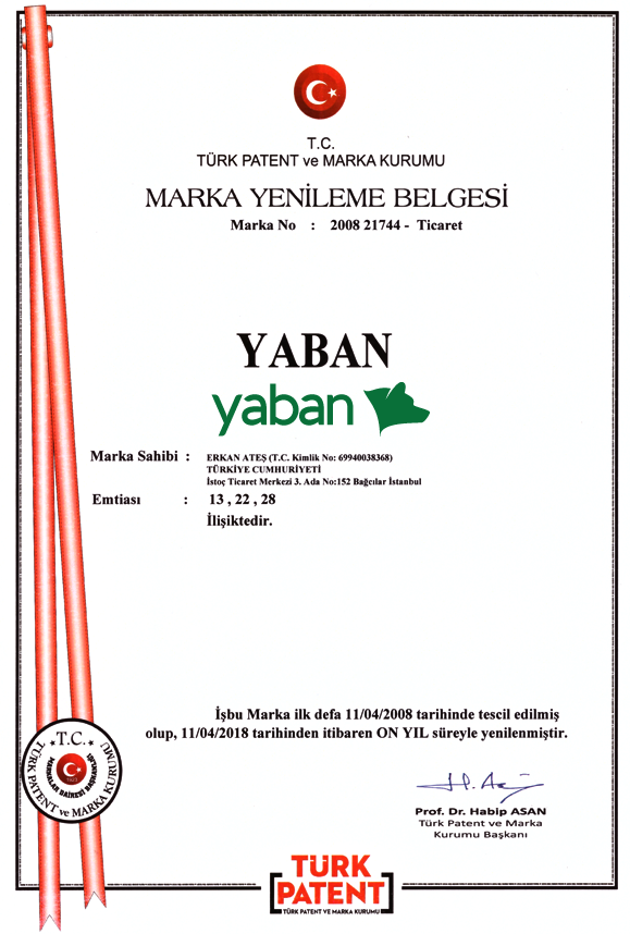 YABAN MARKA TESCİL BELGESİ